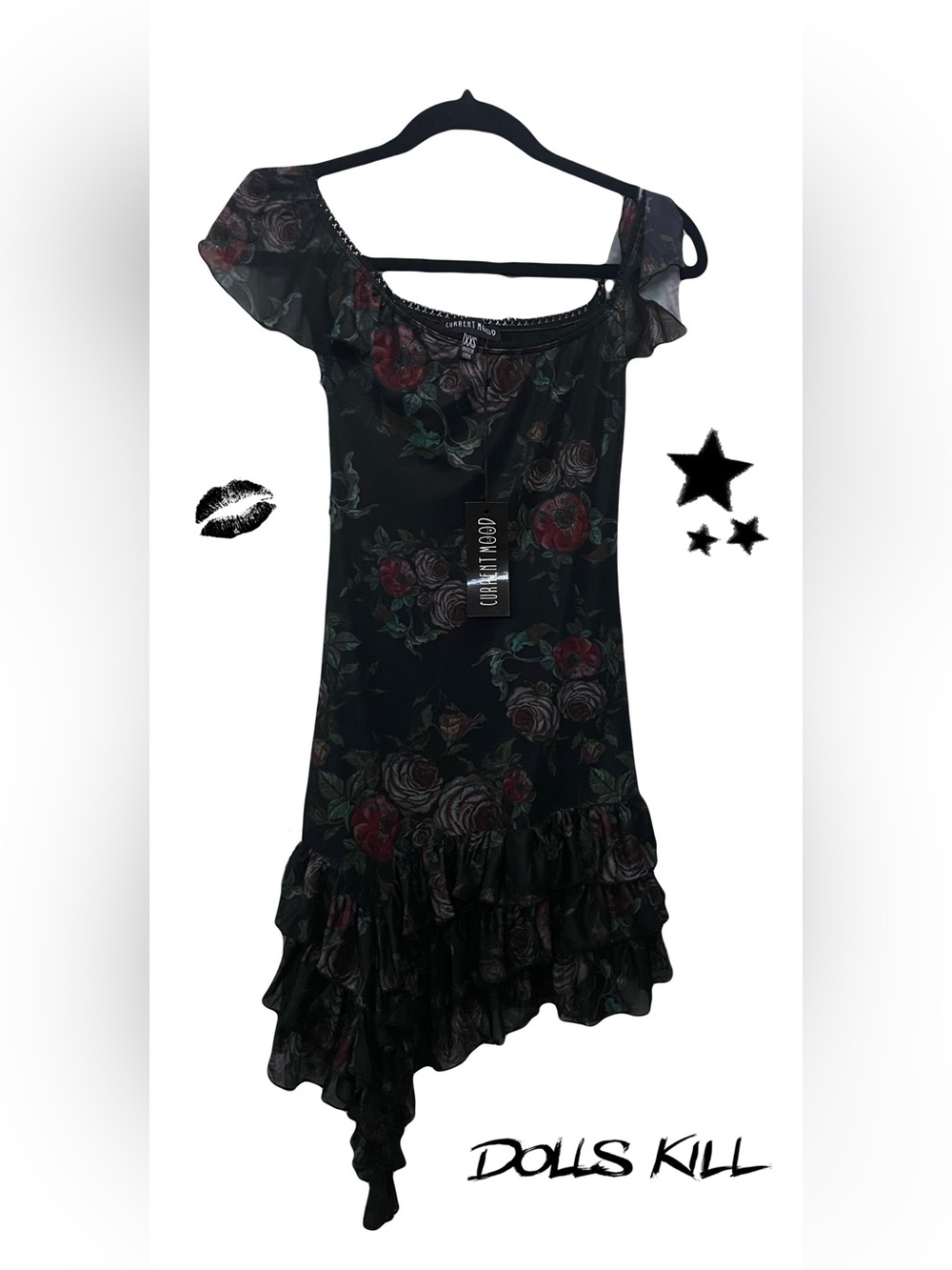 Current Mood Black Floral Off-Shoulder Ruffle Dress
